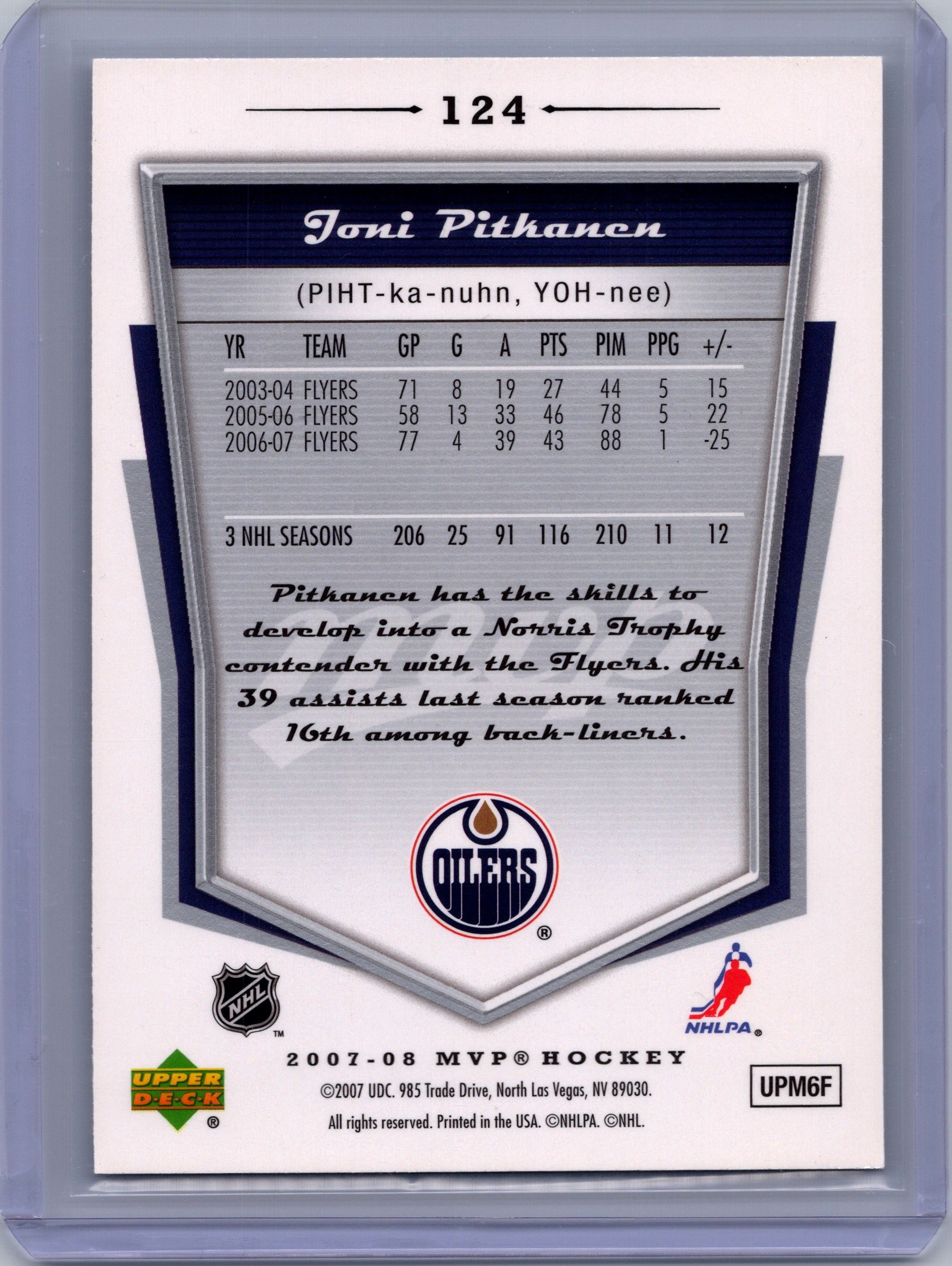 2007-08 Upper Deck MVP #124 Joni Pitkanen