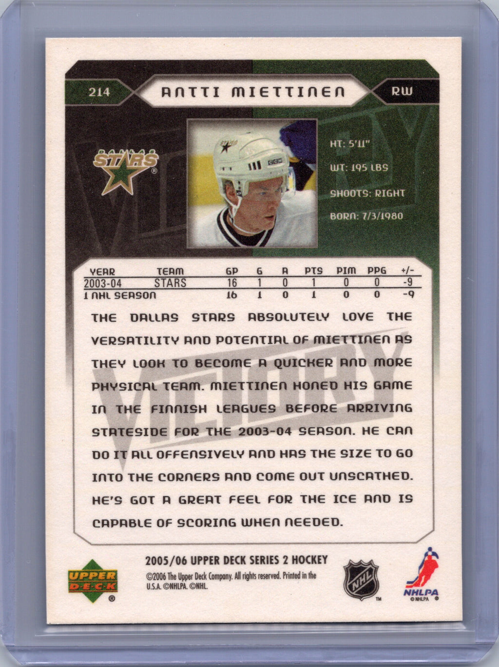 2005-06 Upper Deck #214 Antti Miettinen 2005-06 Upper Deck Victory Update