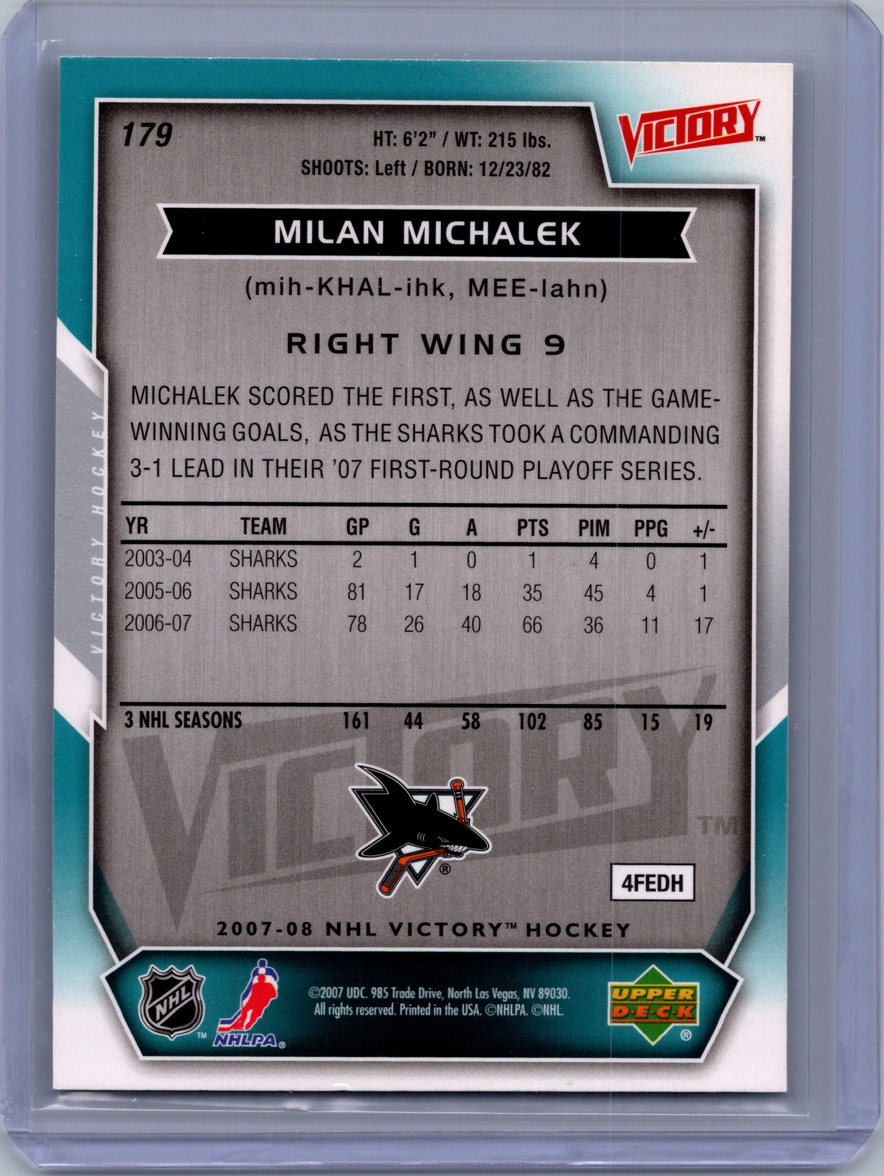 2007-08 Upper Deck Victory #179 Milan Michalek