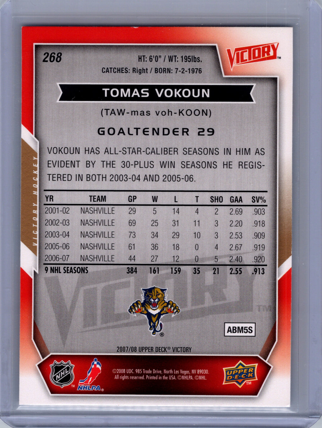 2007-08 Upper Deck #268 Tomas Vokoun 2007-08 Upper Deck Victory Update