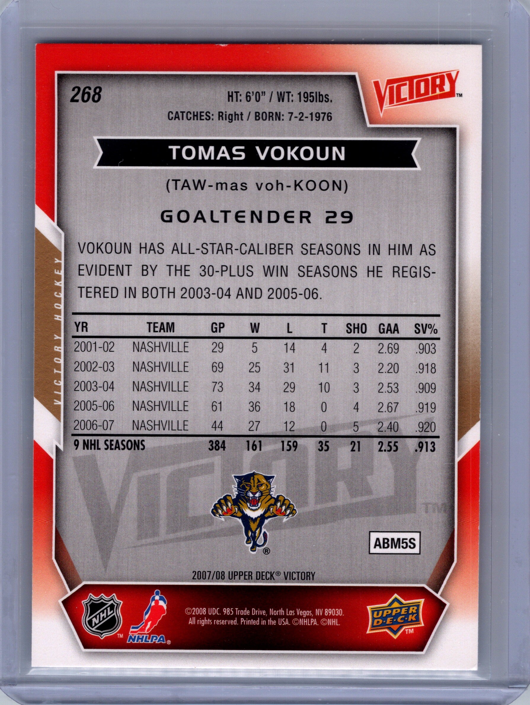 2007-08 Upper Deck #268 Tomas Vokoun 2007-08 Upper Deck Victory Update