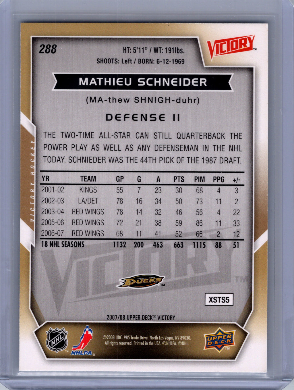 2007-08 Upper Deck #288 Mathieu Schneider 2007-08 Upper Deck Victory Update