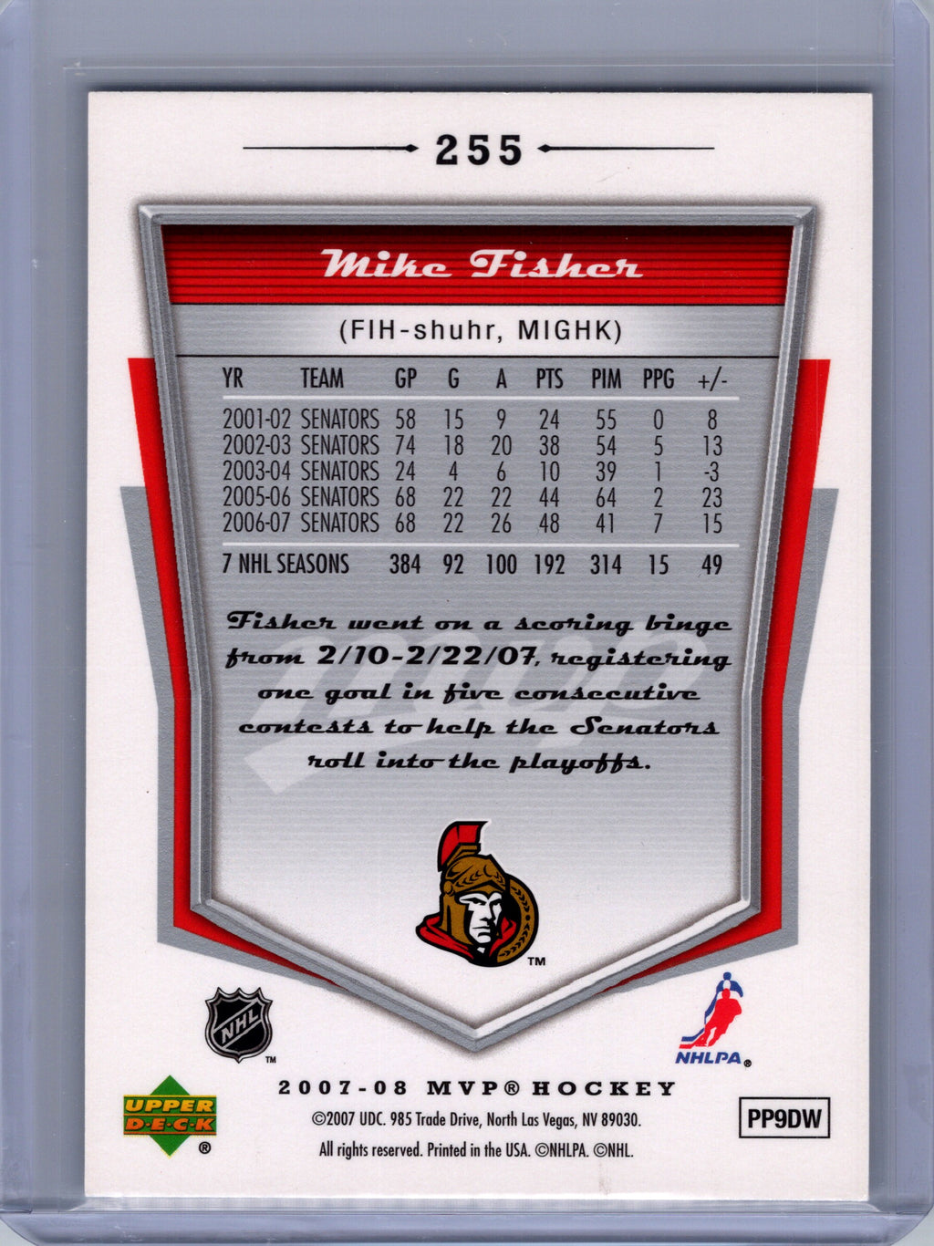 2007-08 Upper Deck MVP #255 Mike Fisher