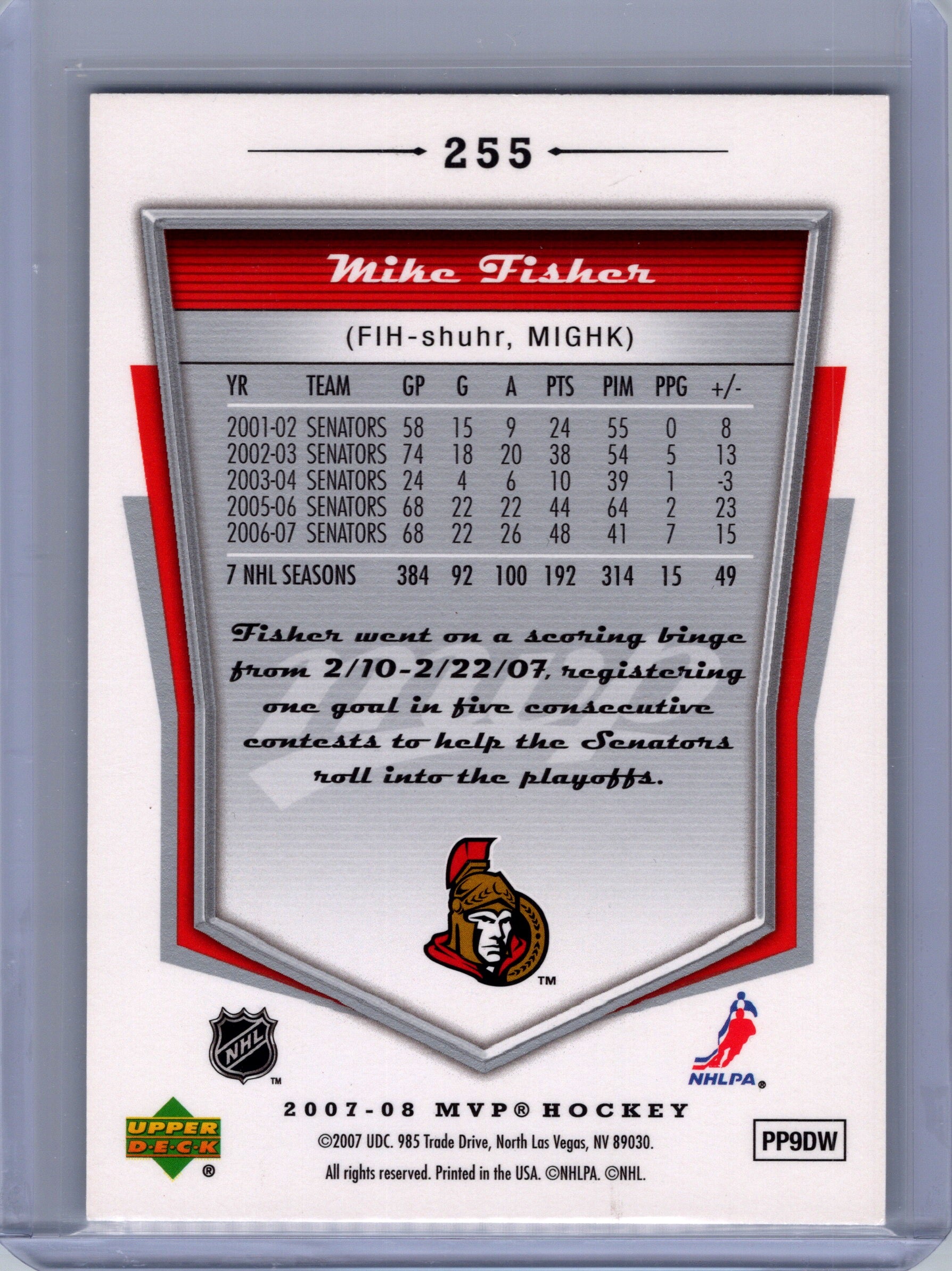 2007-08 Upper Deck MVP #255 Mike Fisher