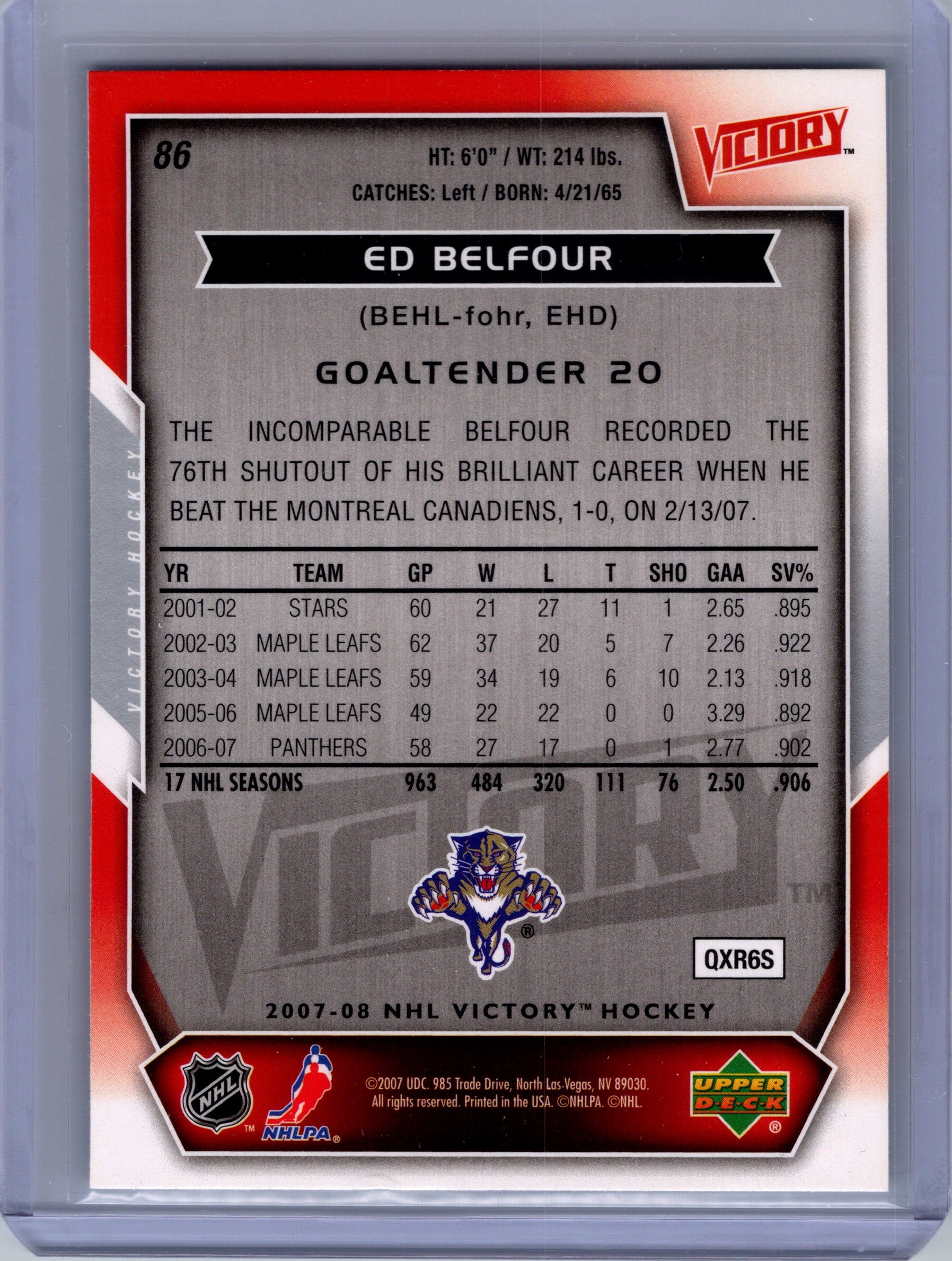 2007-08 Upper Deck Victory #86 Ed Belfour