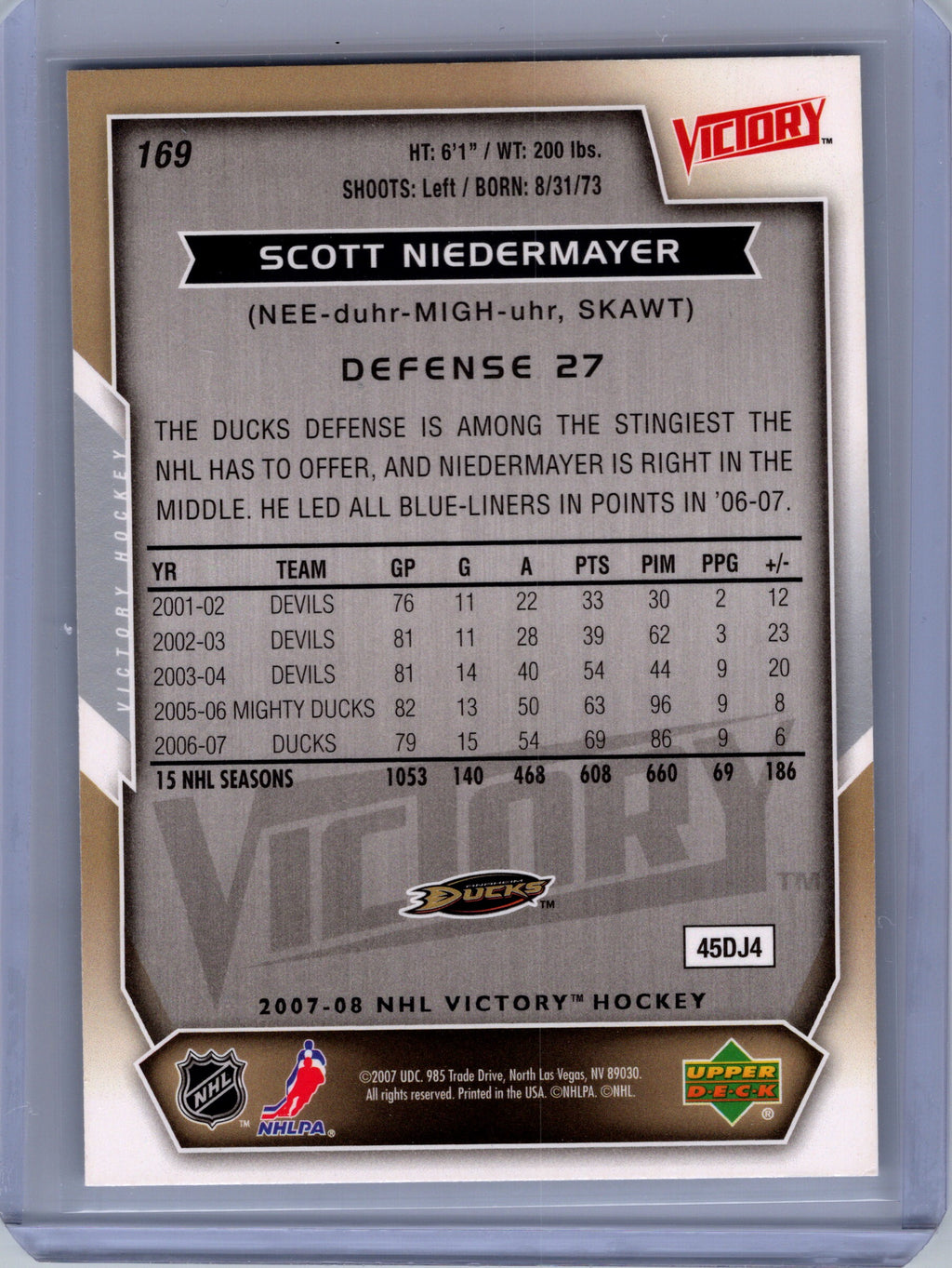 2007-08 Upper Deck Victory #169 Scott Niedermayer Gold