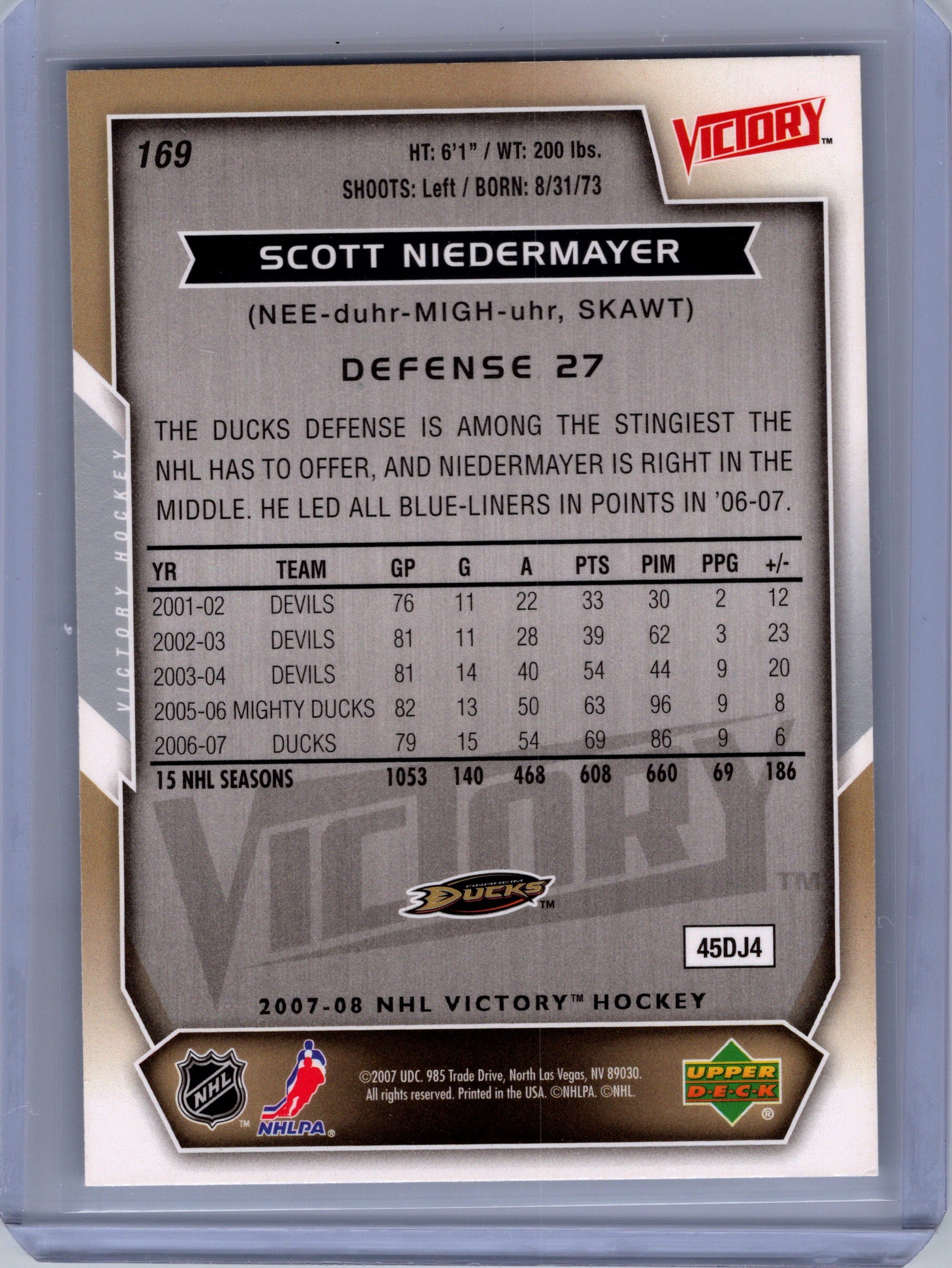2007-08 Upper Deck Victory #169 Scott Niedermayer Gold