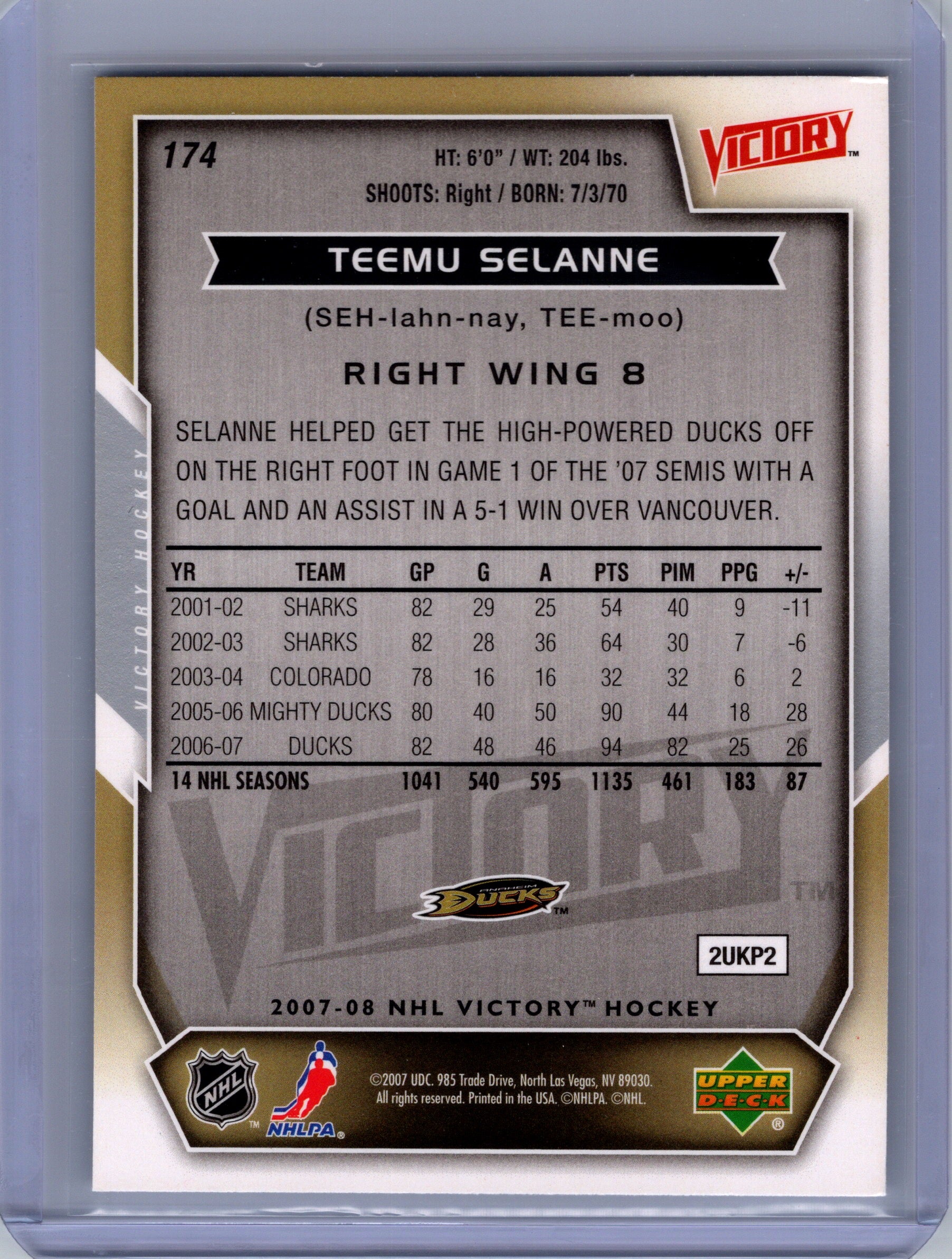 2007-08 Upper Deck Victory #174 Teemu Selanne