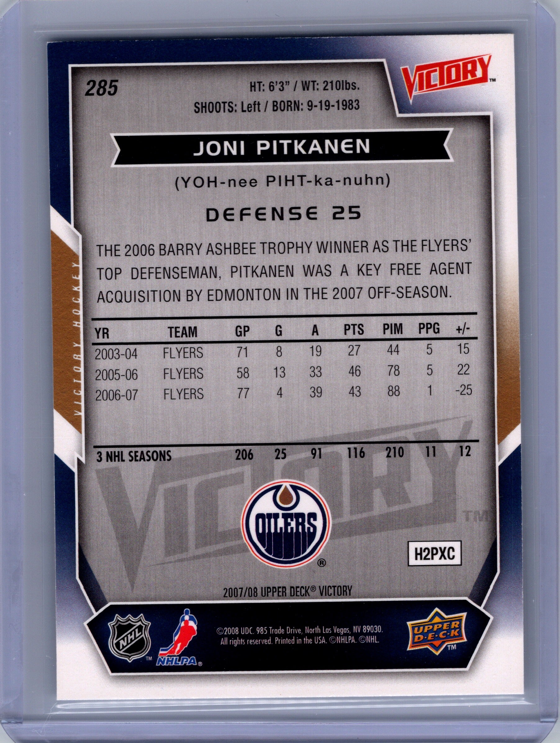 2007-08 Upper Deck Victory #285 Joni Pitkanen