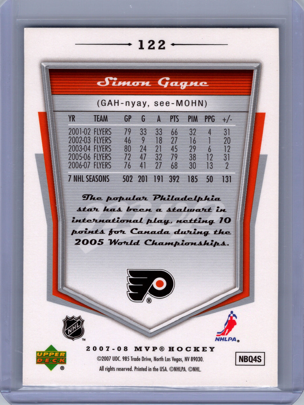 2007-08 Upper Deck MVP #122 Simon Gagne