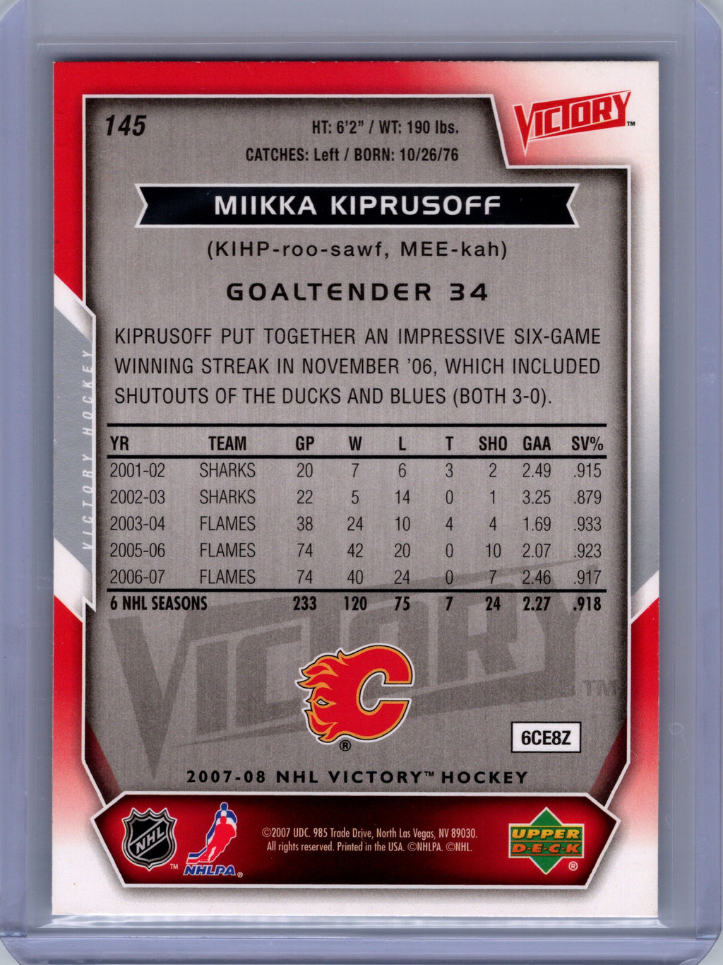 2007-08 Upper Deck Victory #145 Miikka Kiprusoff