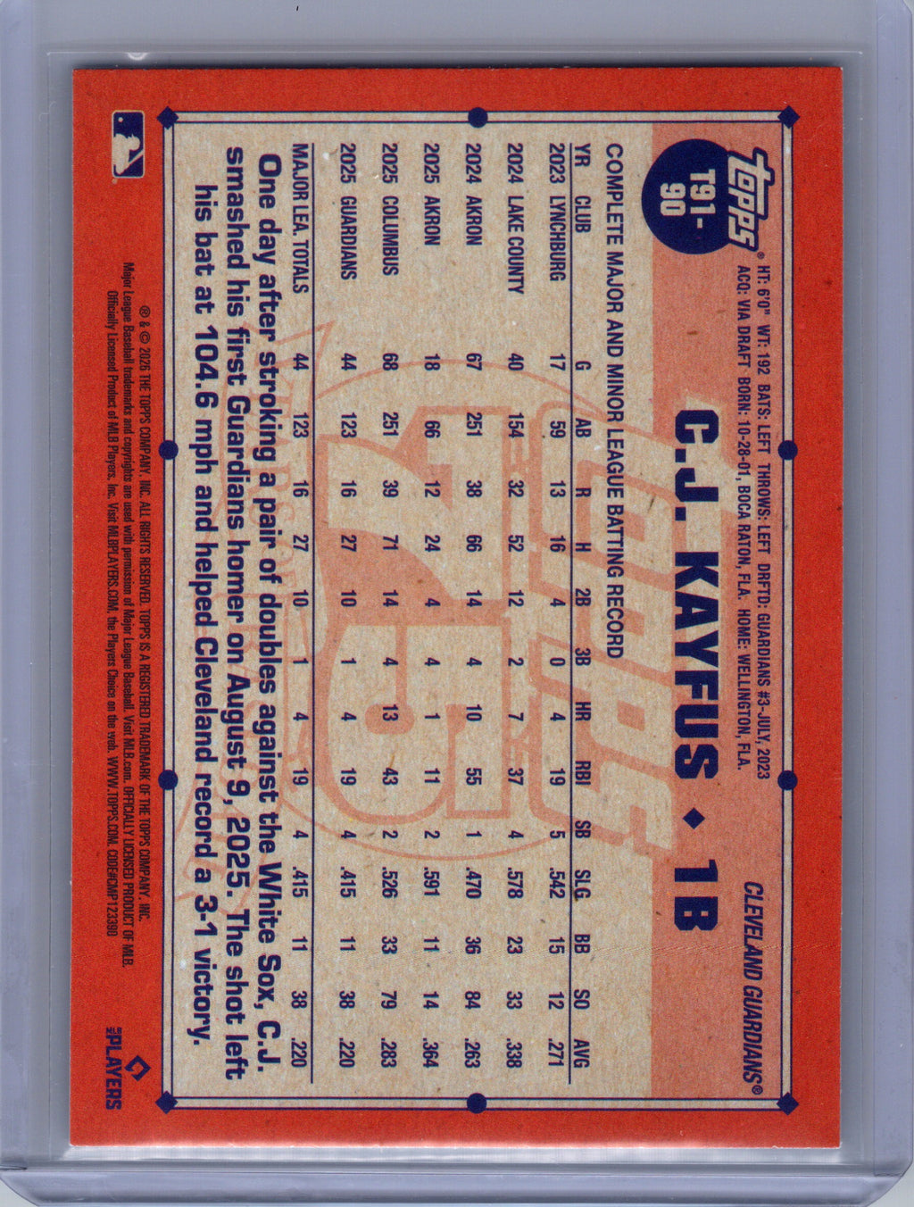 2026 Topps #T91-90 C.J. Kayfus 1991 Topps Baseball 35th Anniversary (Series One)