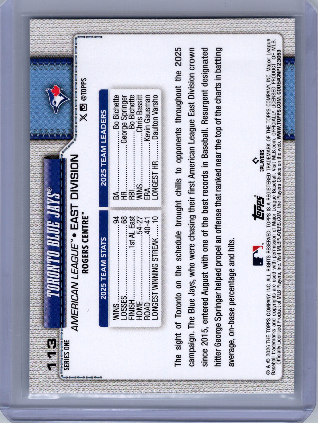 2026 Topps #113 Toronto Blue Jays