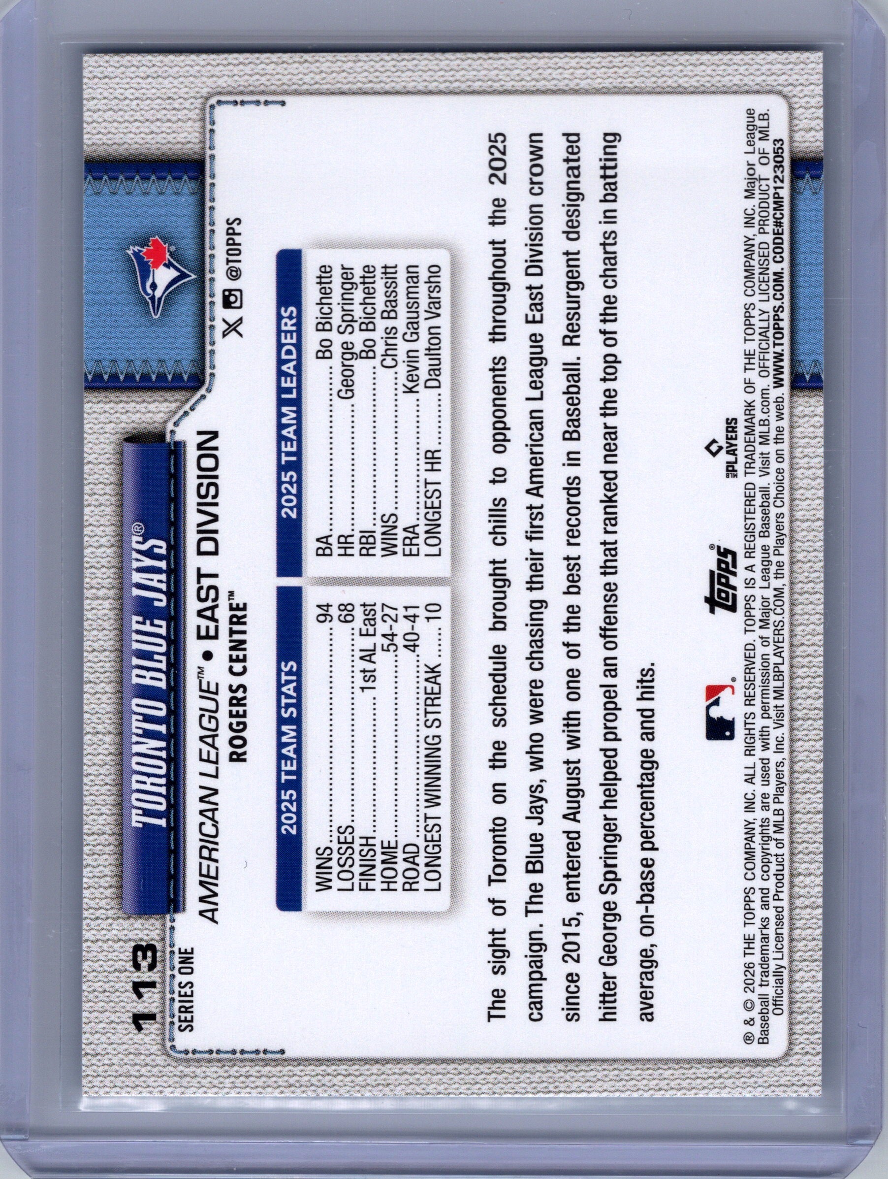 2026 Topps #113 Toronto Blue Jays
