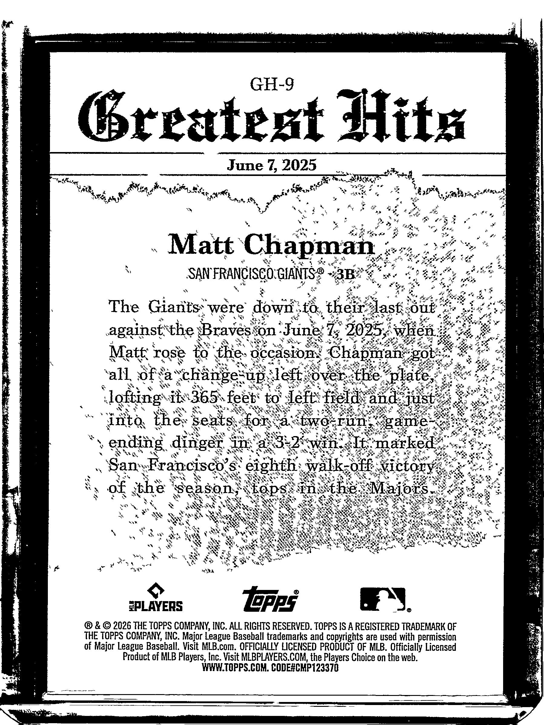 2026 Topps #GH-9 Matt Chapman 2025 Greatest Hits