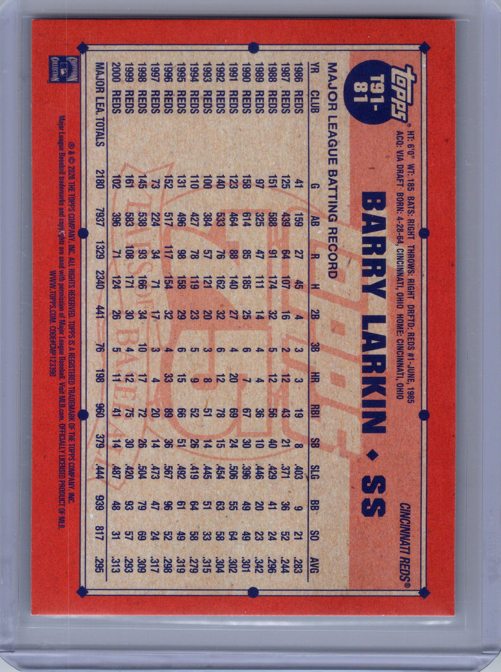2026 Topps #T91-81 Barry Larkin 1991 Topps Baseball 35th Anniversary