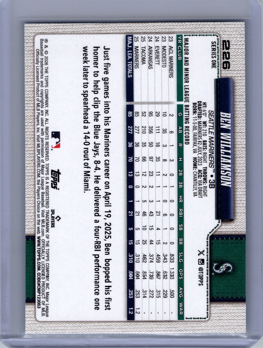 2026 Topps #226 Ben Williamson