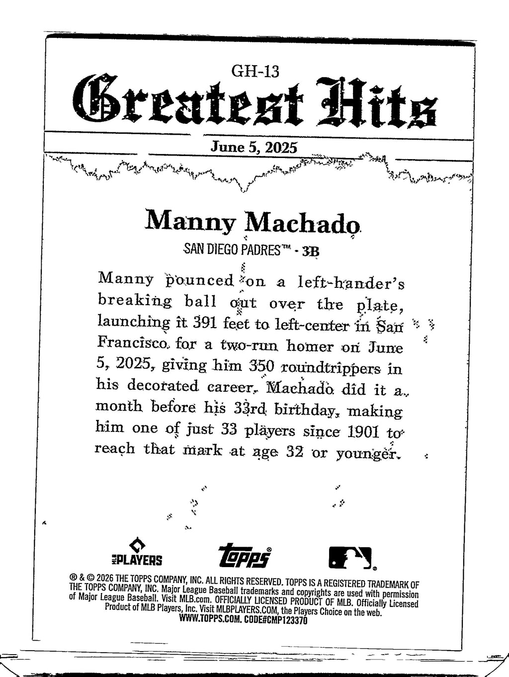 2026 Topps #GH-13 Manny Machado 2025 Greatest Hits