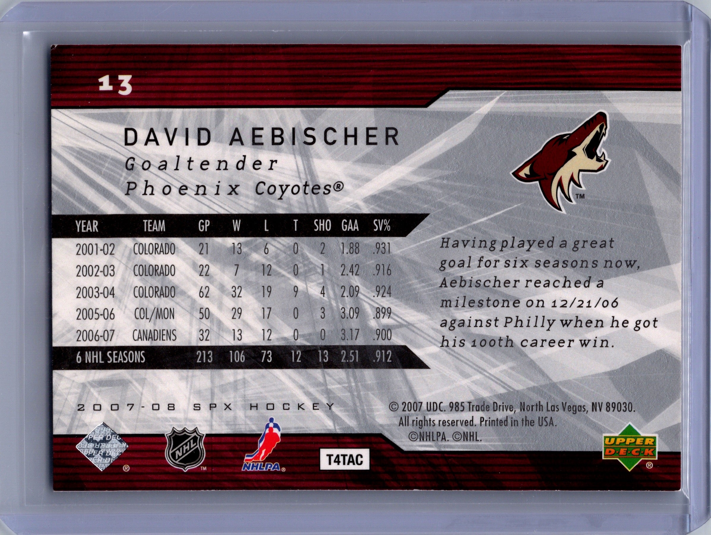 2007-08 SPx #13 David Aebischer