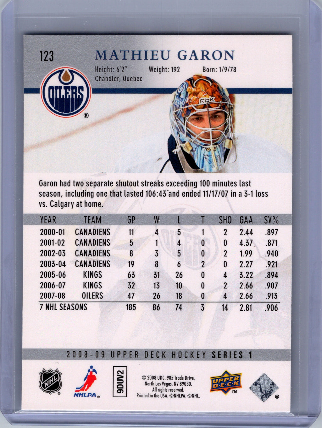 2008-09 Upper Deck #123 Mathieu Garon