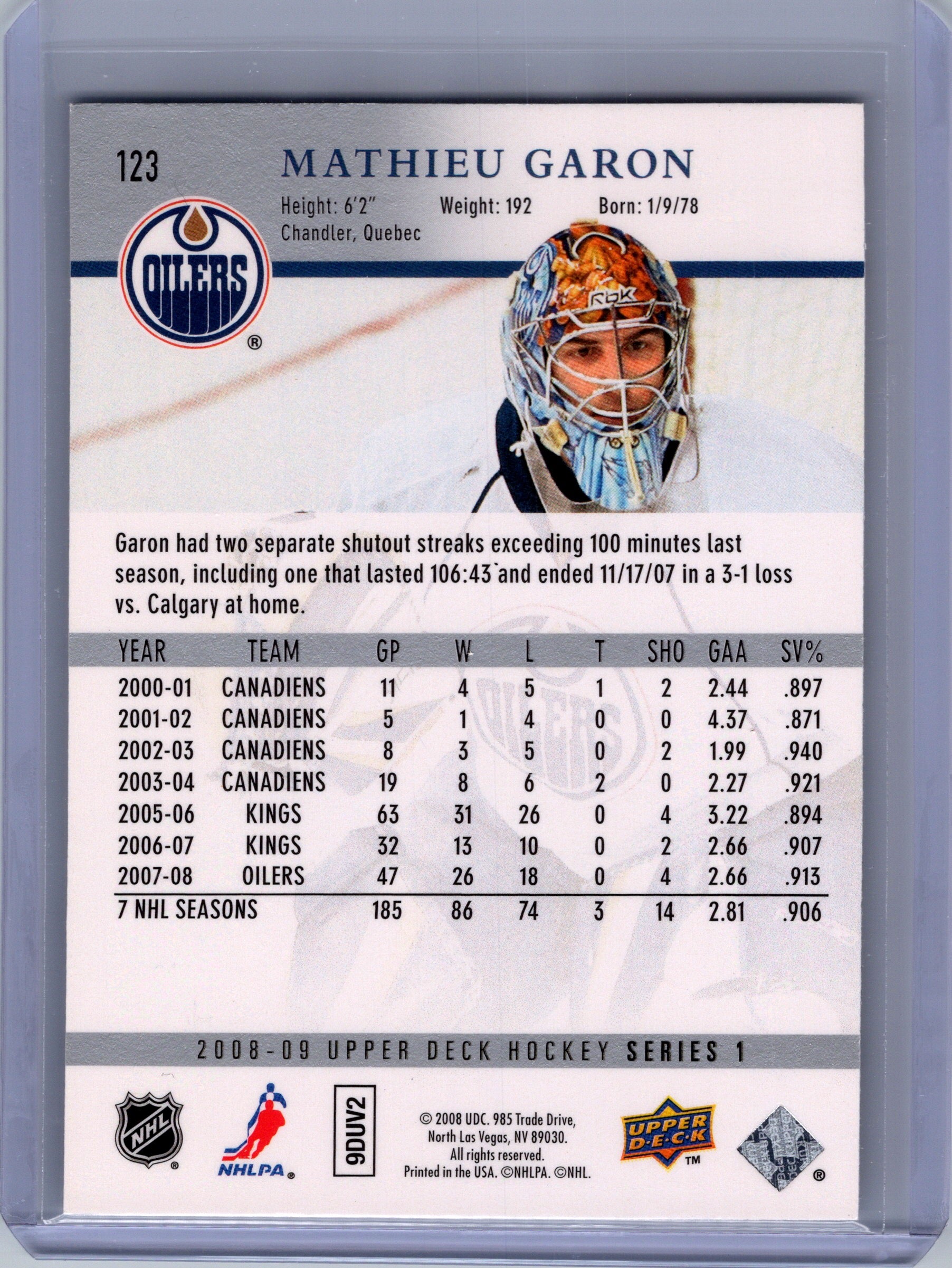 2008-09 Upper Deck #123 Mathieu Garon