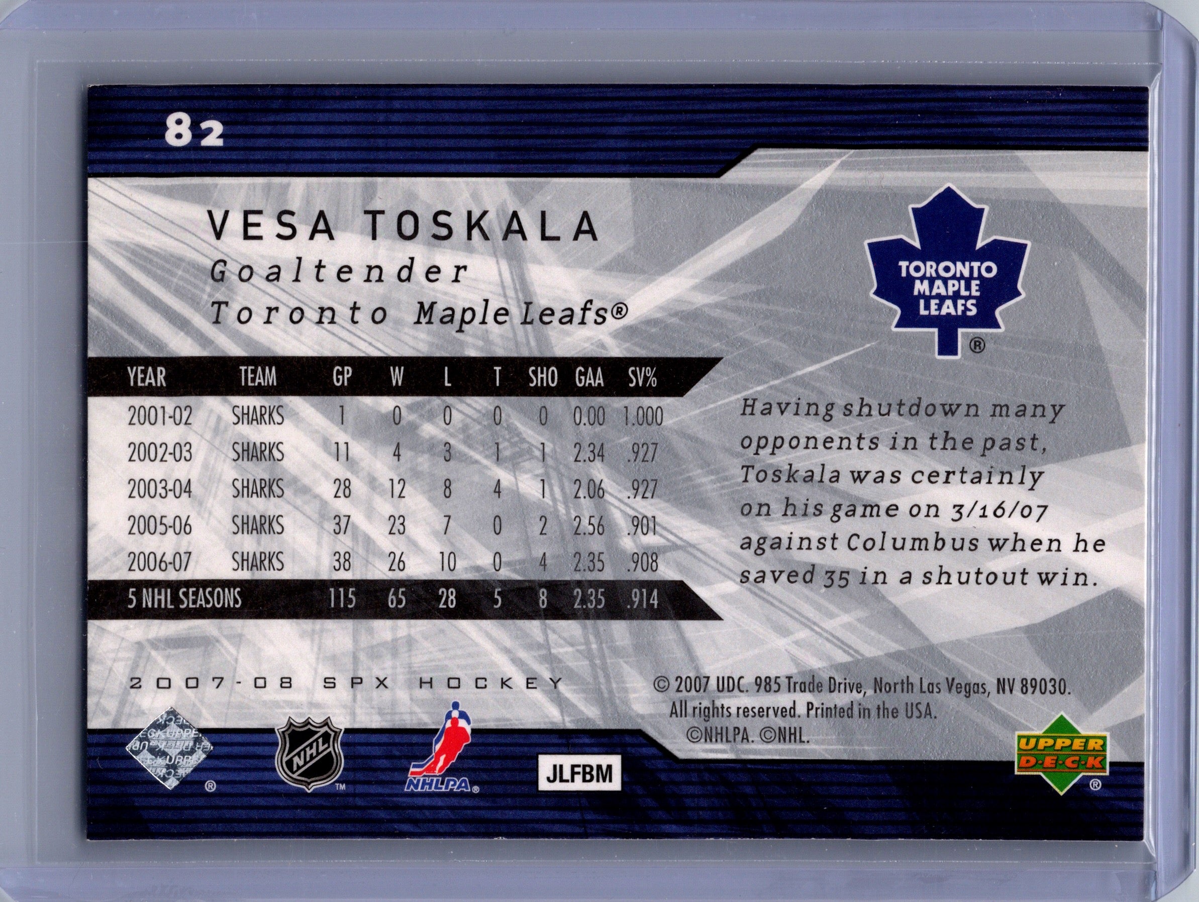 2007-08 SPx #82 Vesa Toskala