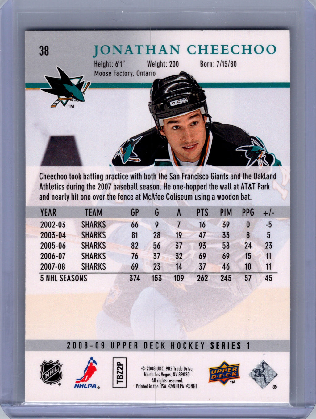2008-09 Upper Deck #38 Jonathan Cheechoo
