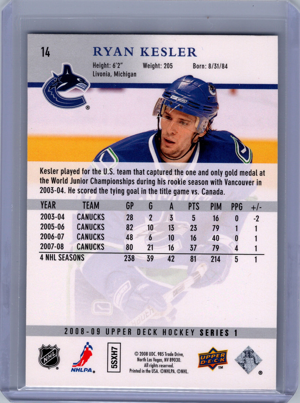 2008-09 Upper Deck #14 Ryan Kesler