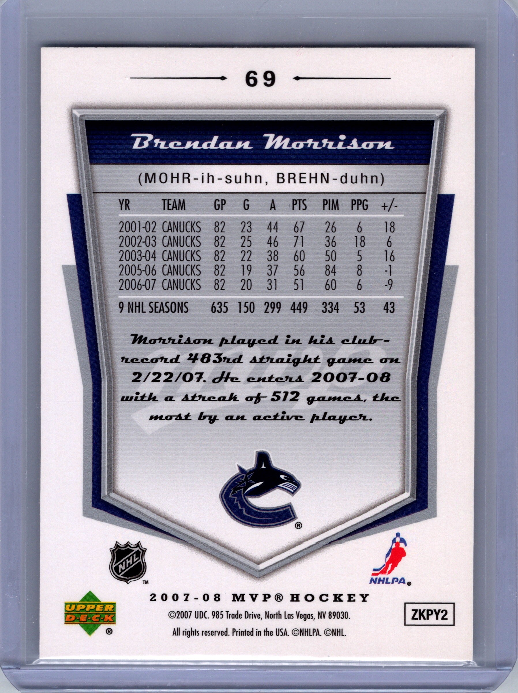 2007-08 Upper Deck MVP #69 Brendan Morrison