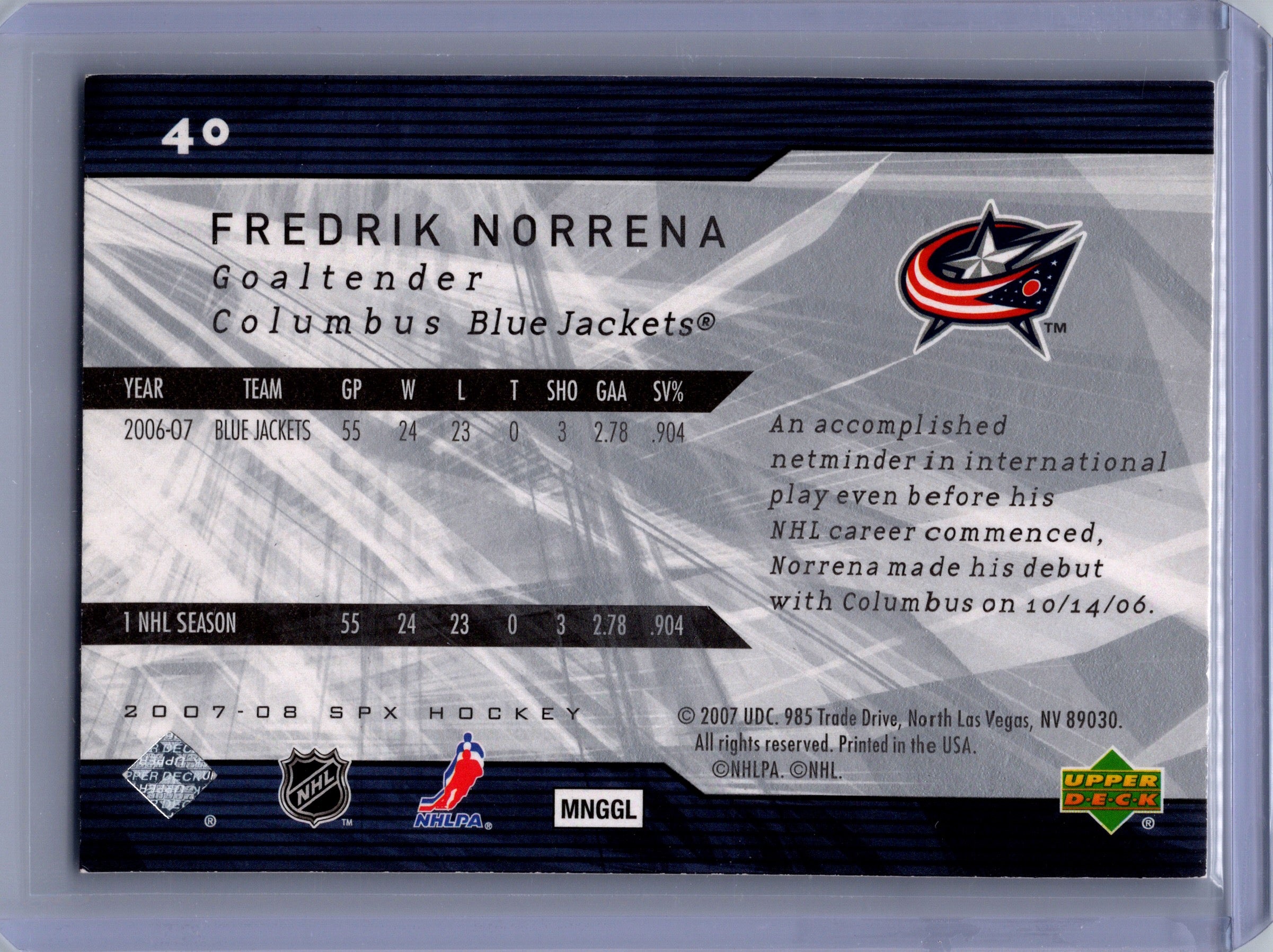 2007-08 SPx #40 Fredrik Norrena