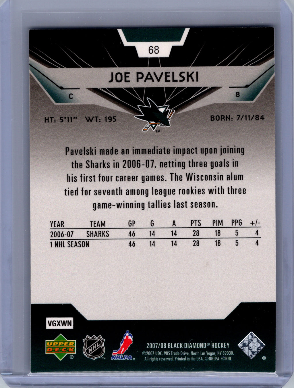 2007-08 Upper Deck Black Diamond #68 Joe Pavelski