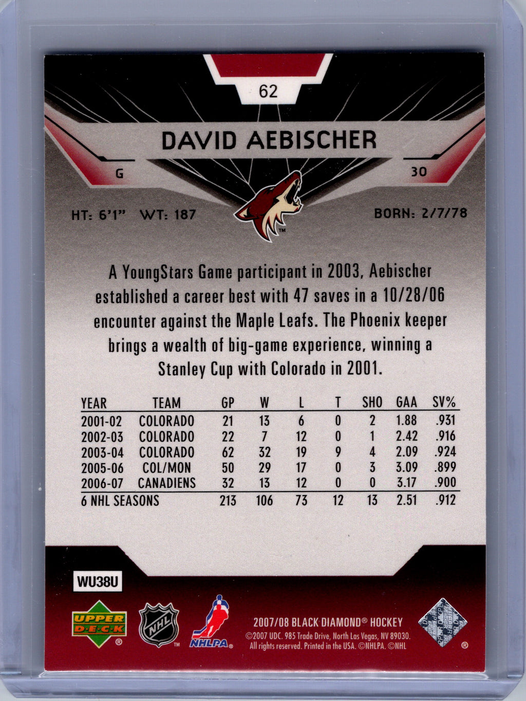2007-08 Upper Deck Black Diamond #62 David Aebischer