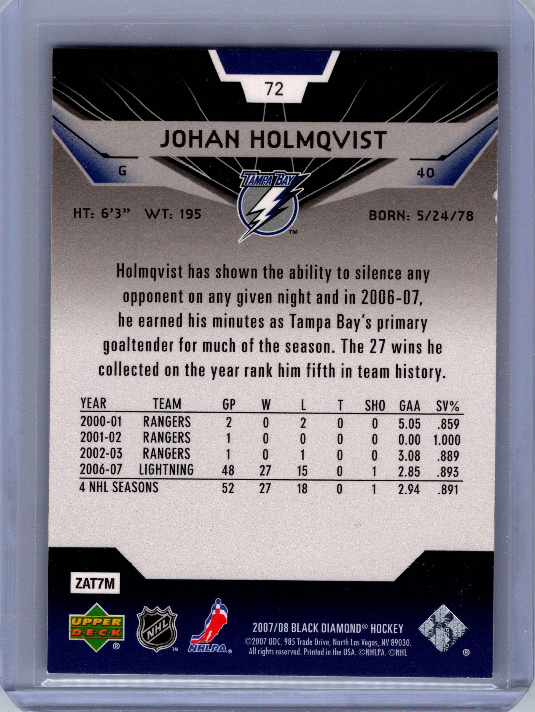 2007-08 Upper Deck Black Diamond #72 Johan Holmqvist