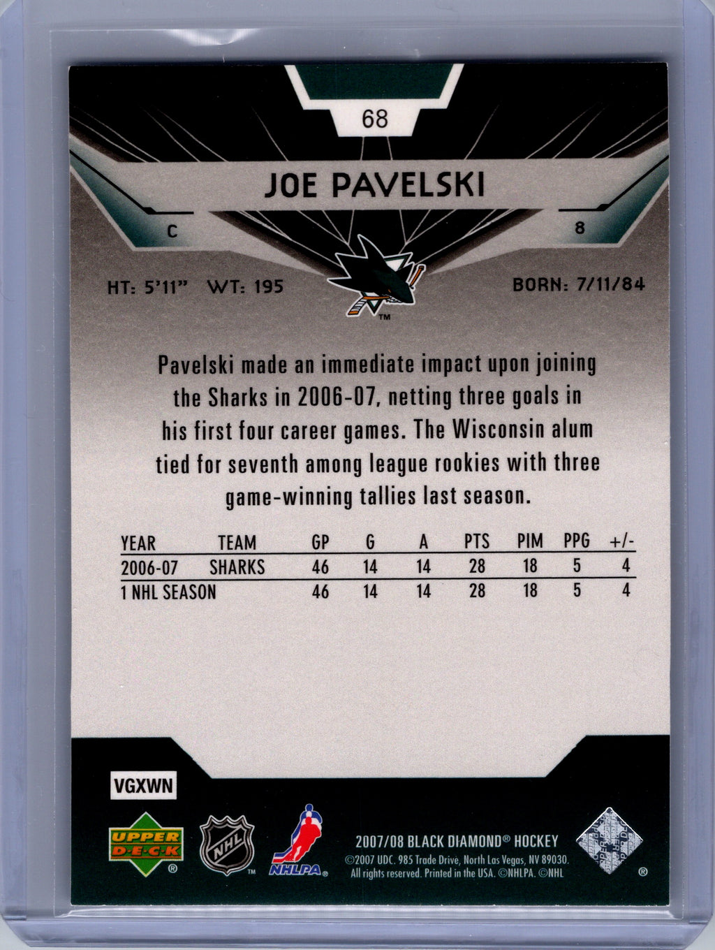 2007-08 Upper Deck Black Diamond #68 Joe Pavelski
