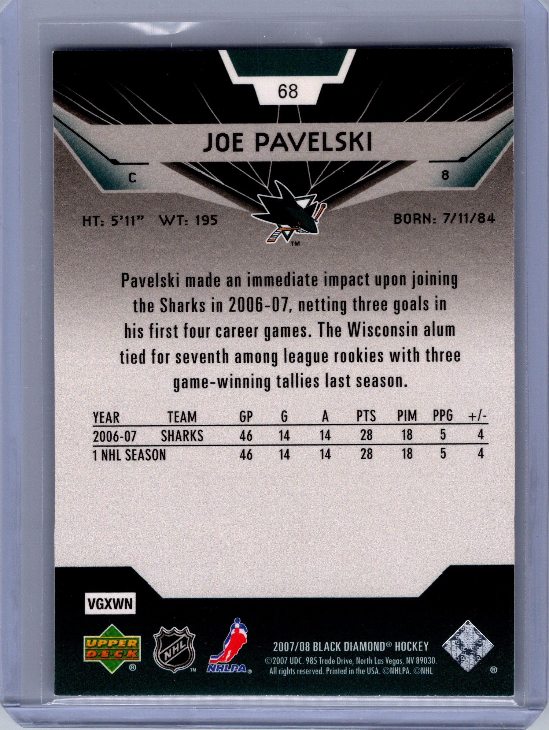 2007-08 Upper Deck Black Diamond #68 Joe Pavelski