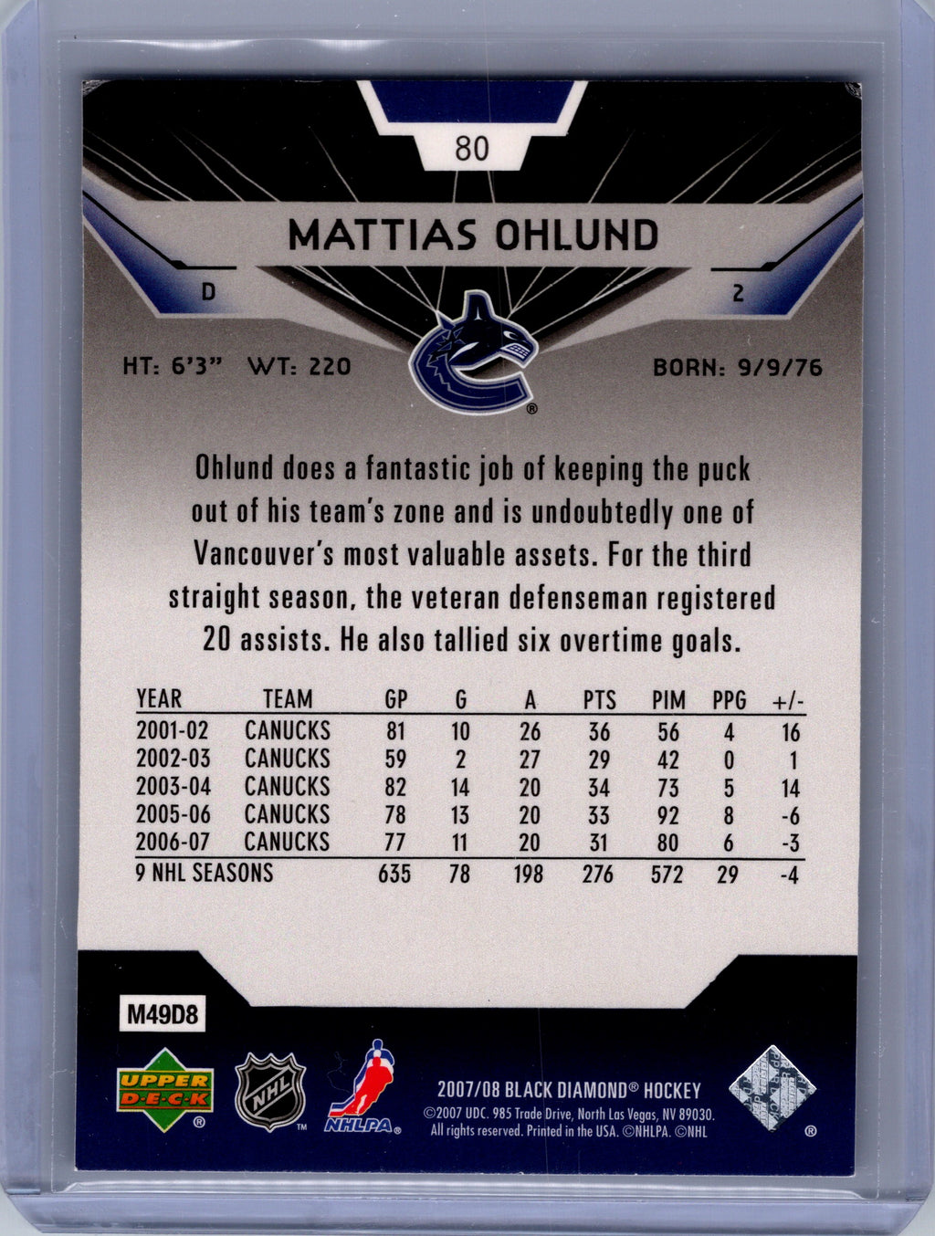 2007-08 Upper Deck Black Diamond #80 Mattias Ohlund