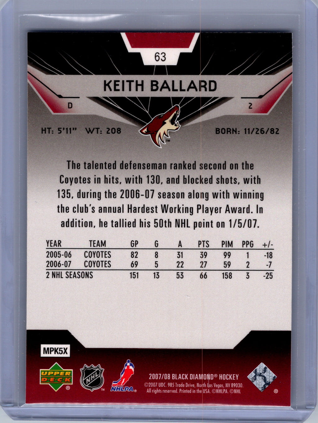 2007-08 Upper Deck Black Diamond #63 Keith Ballard