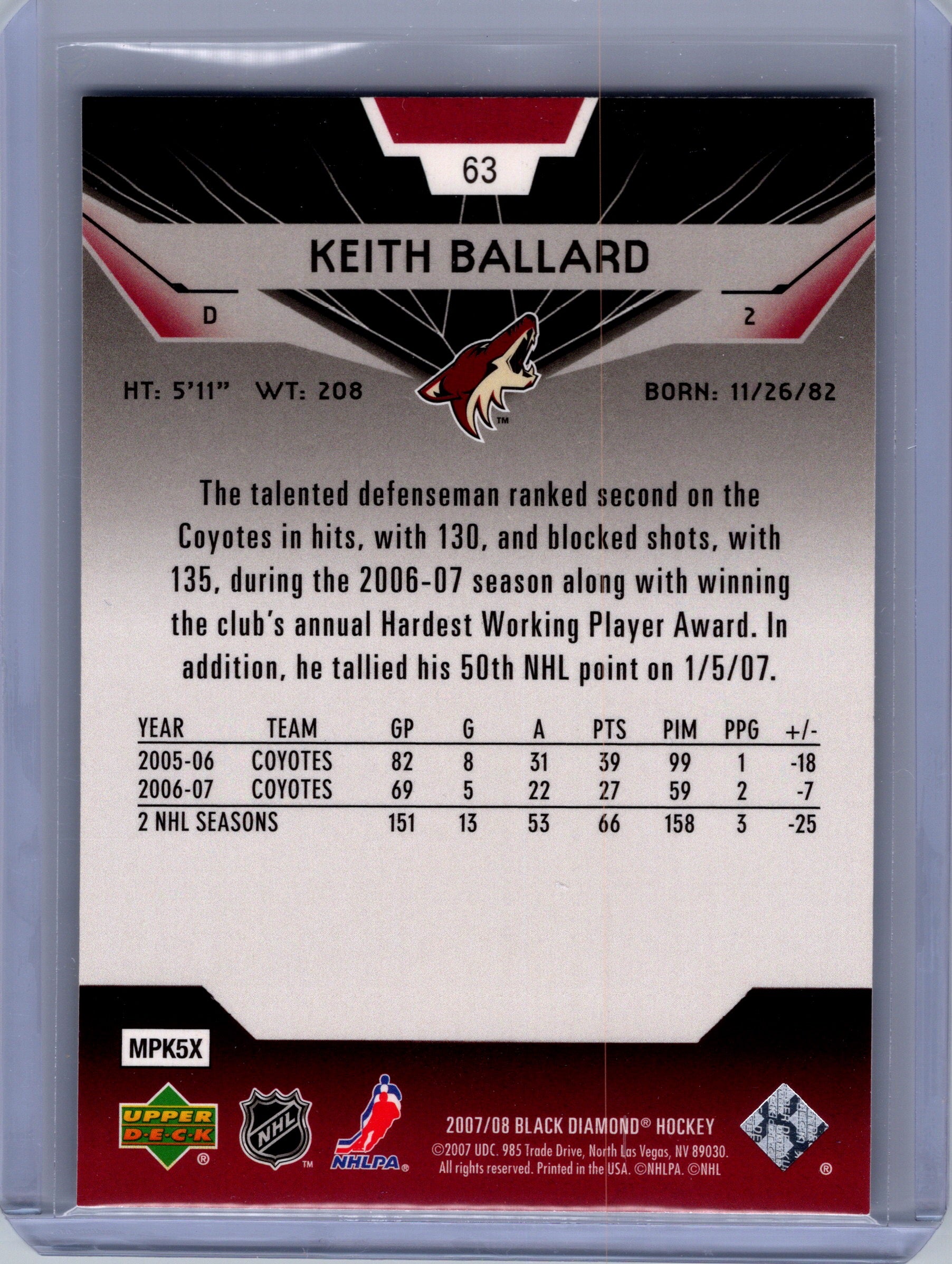 2007-08 Upper Deck Black Diamond #63 Keith Ballard