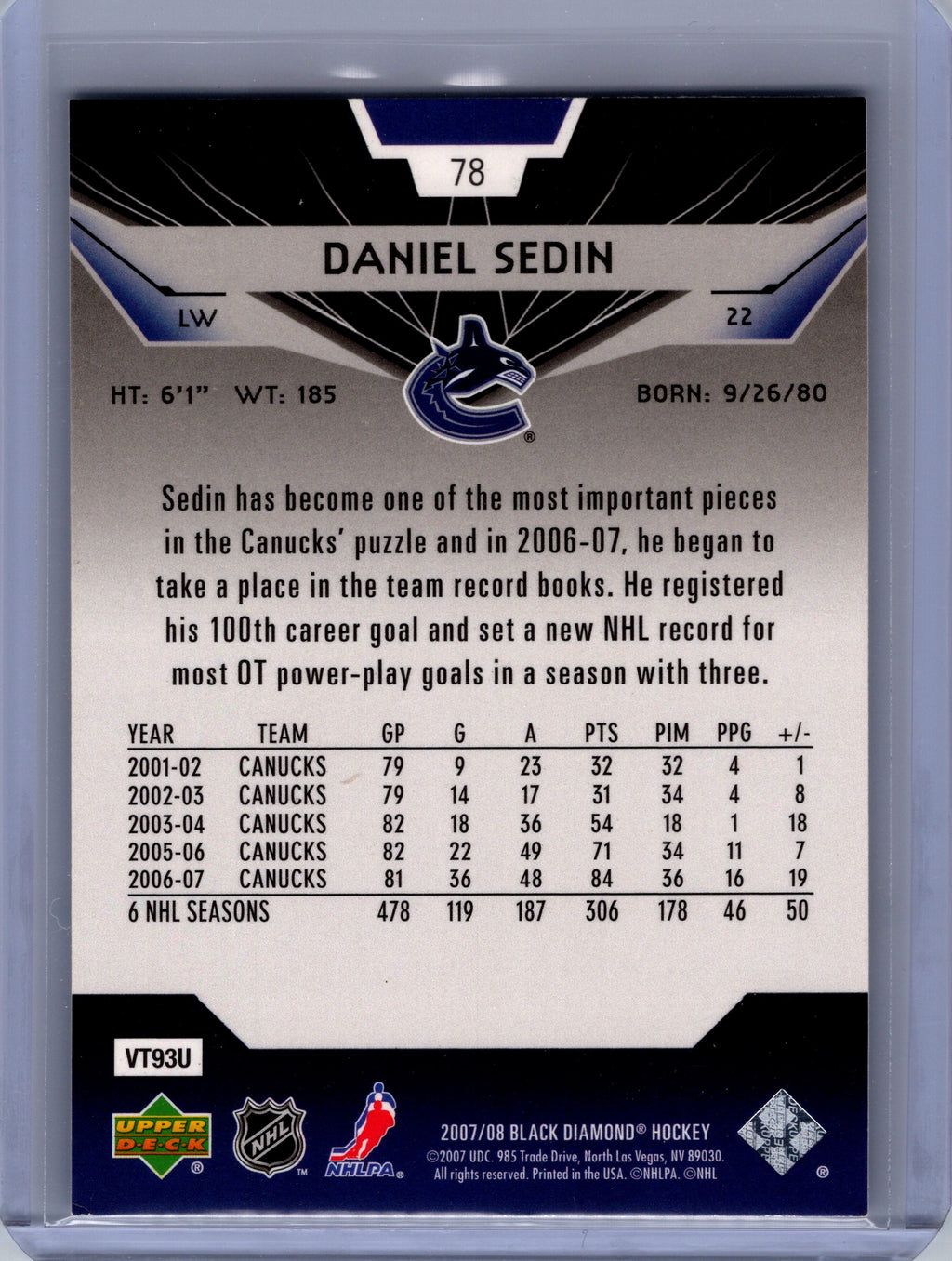 2007-08 Upper Deck Black Diamond #78 Daniel Sedin