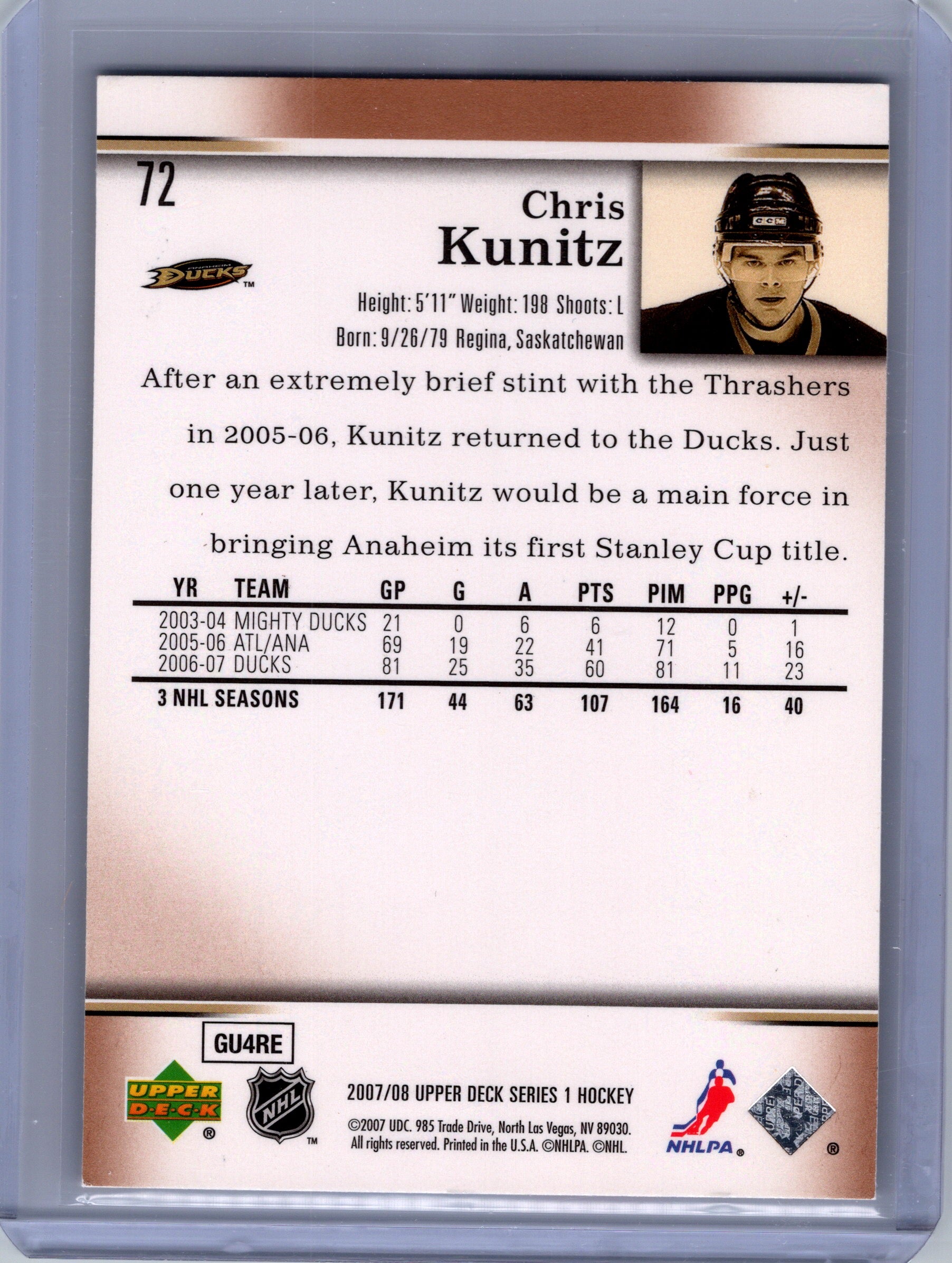 2007-08 Upper Deck #72 Chris Kunitz