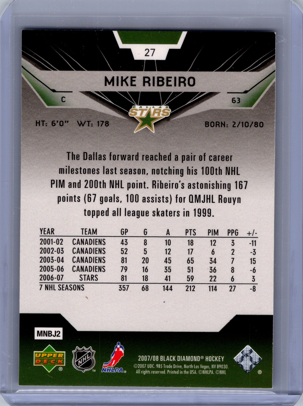 2007-08 Upper Deck Black Diamond #27 Mike Ribeiro