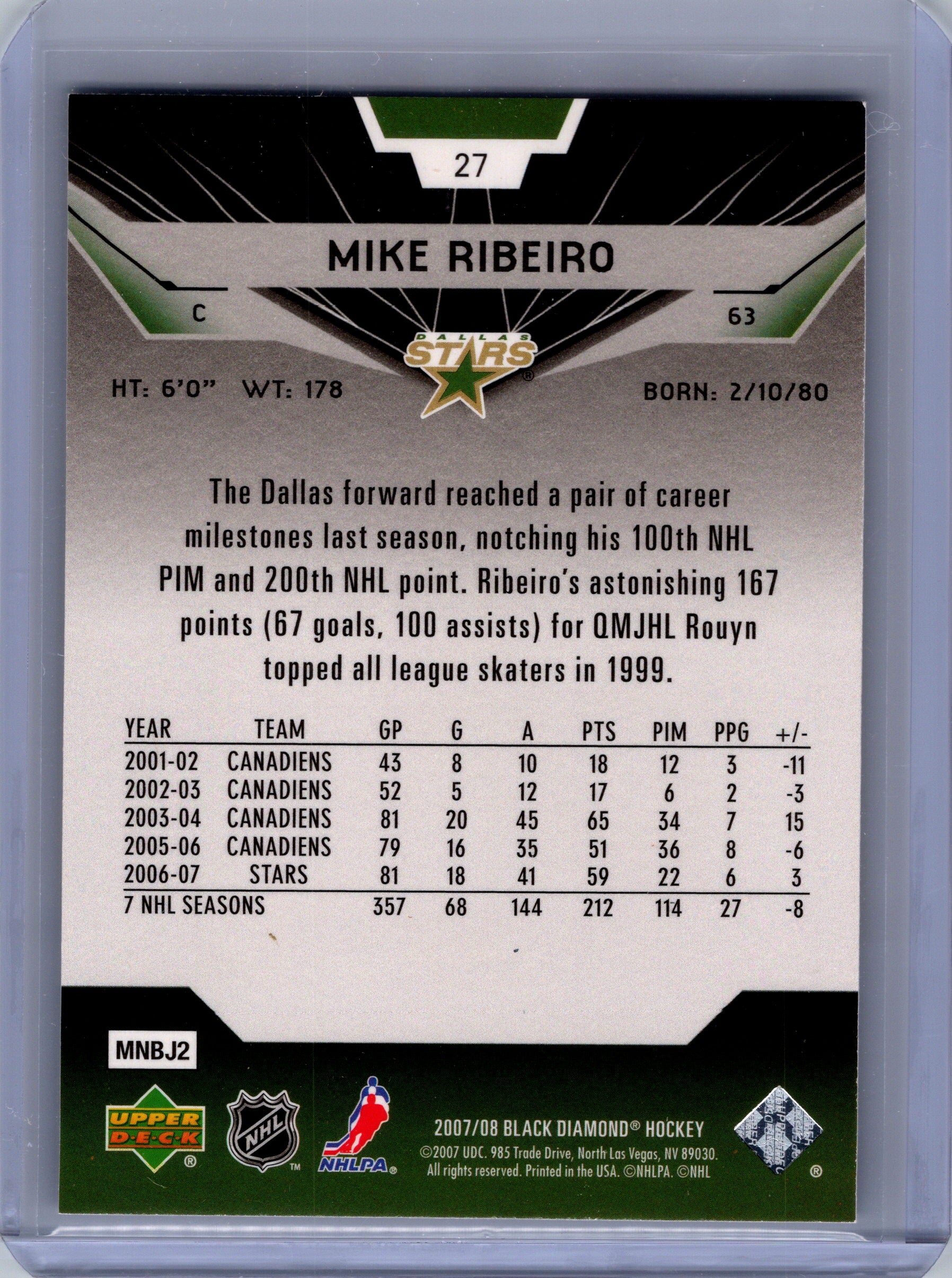 2007-08 Upper Deck Black Diamond #27 Mike Ribeiro