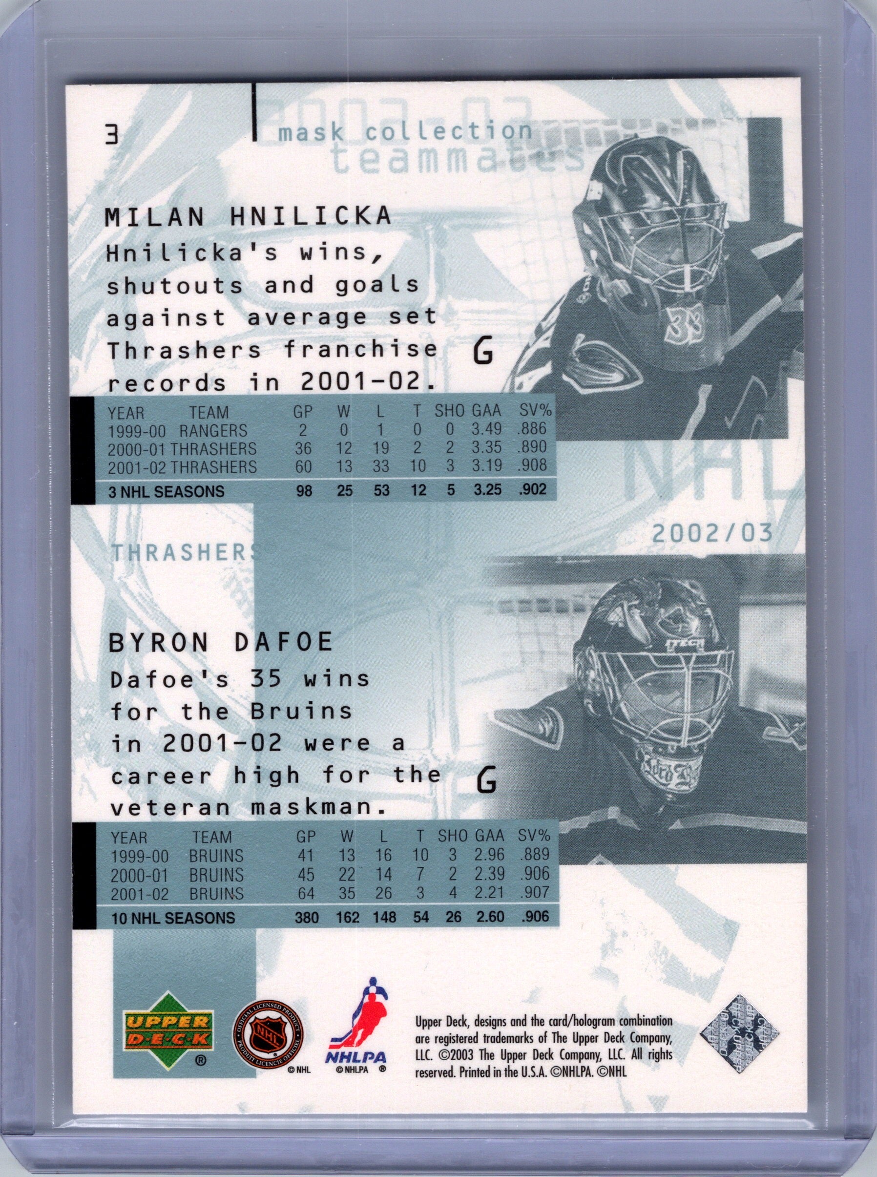 2002-03 Upper Deck Mask Collection #3 Byron Dafoe / Milan Hnilicka