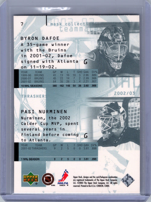 2002-03 Upper Deck Mask Collection #7 Pasi Nurminen / Byron Dafoe