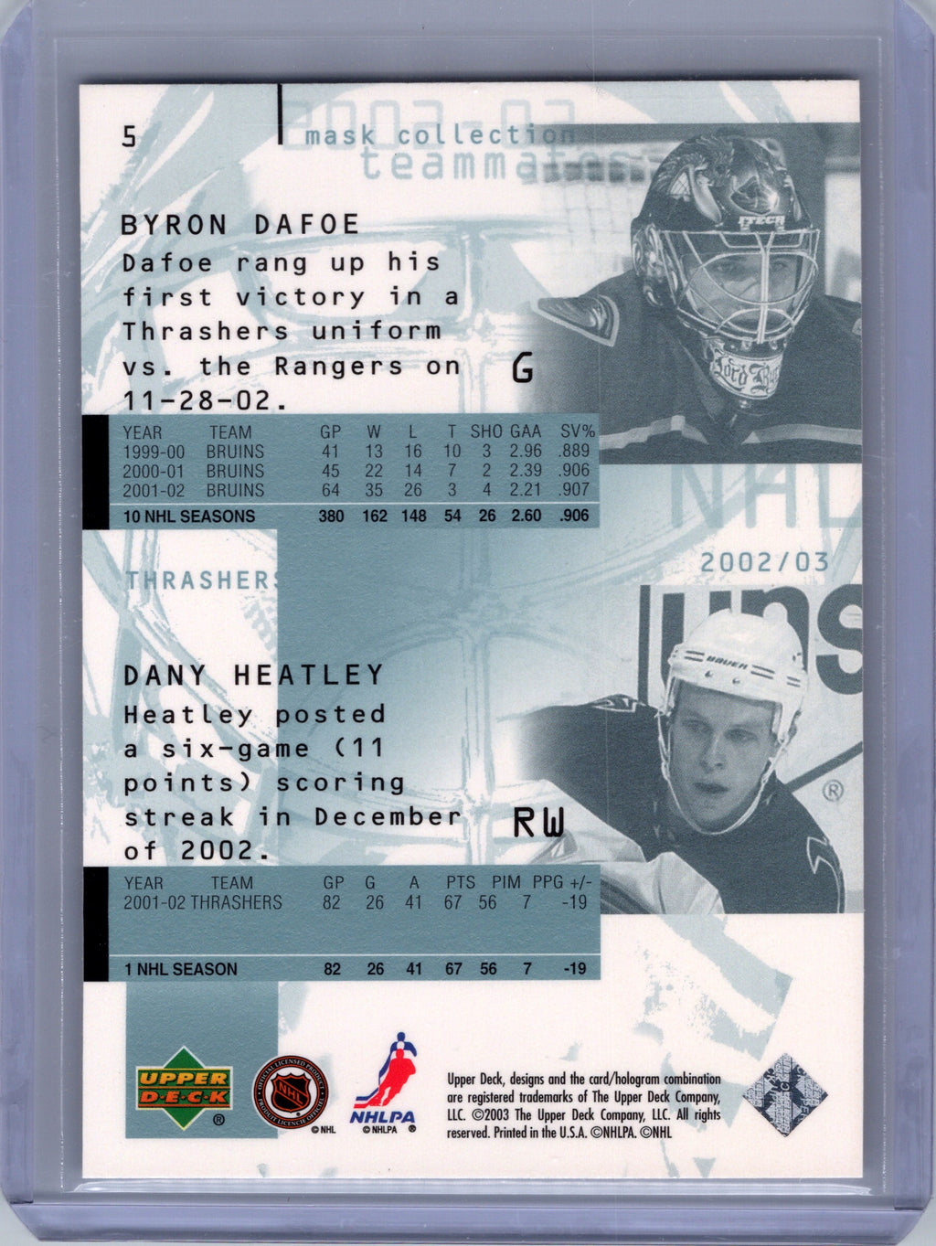 2002-03 Upper Deck Mask Collection #5 Dany Heatley / Byron Dafoe
