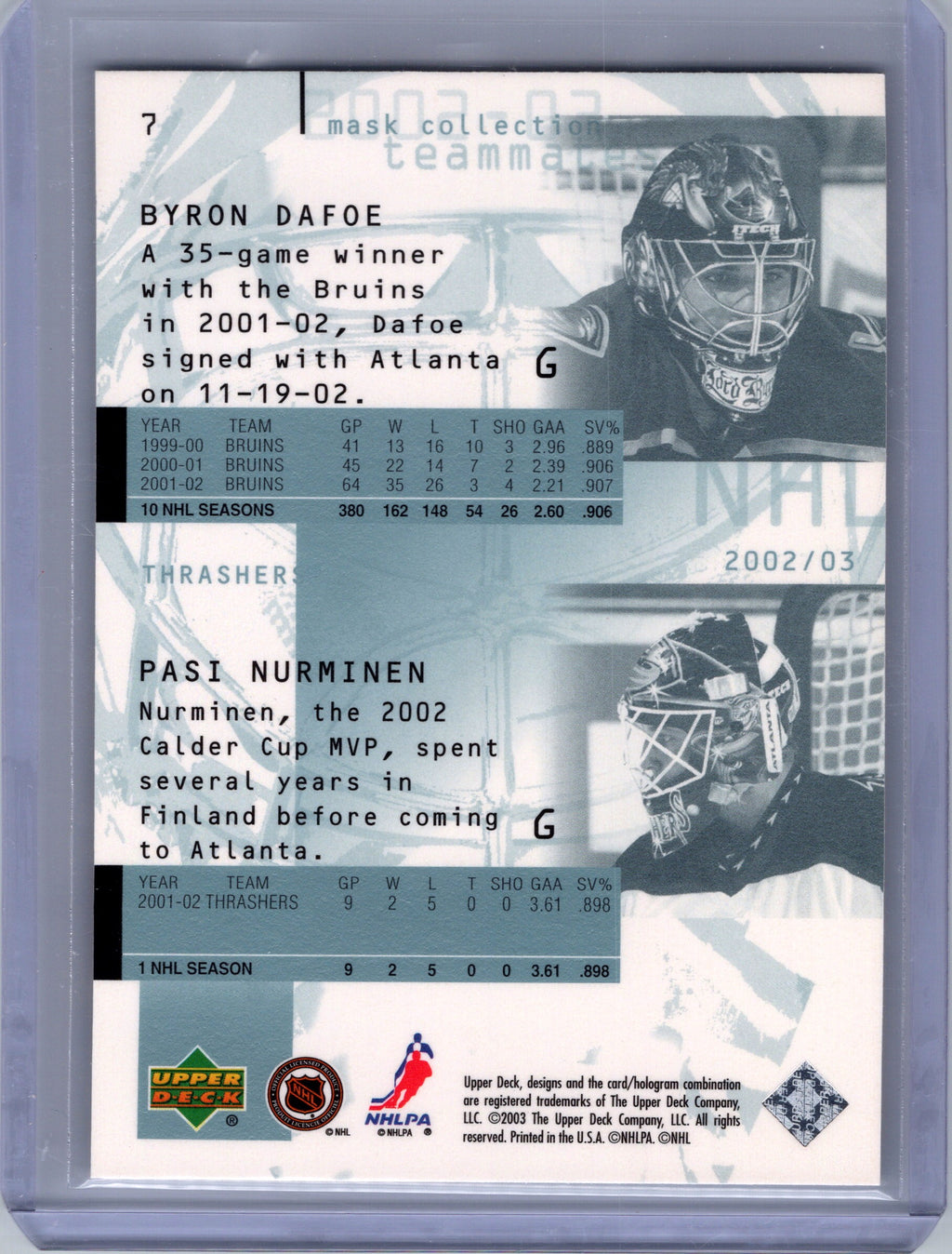 2002-03 Upper Deck Mask Collection #7 Pasi Nurminen / Byron Dafoe