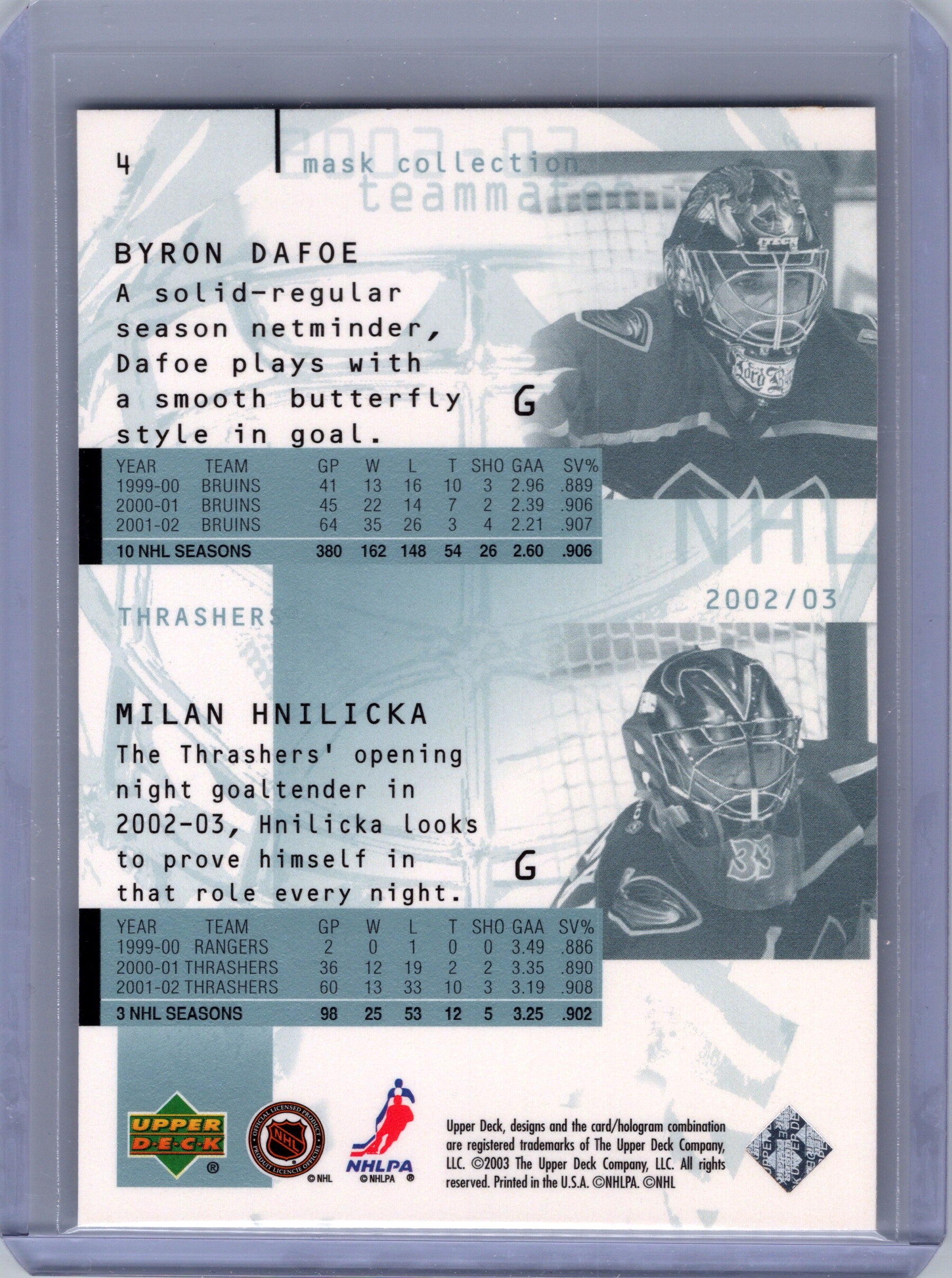 2002-03 Upper Deck Mask Collection #4 Milan Hnilicka / Byron Dafoe