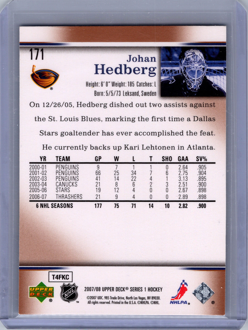 2007-08 Upper Deck #171 Johan Hedberg