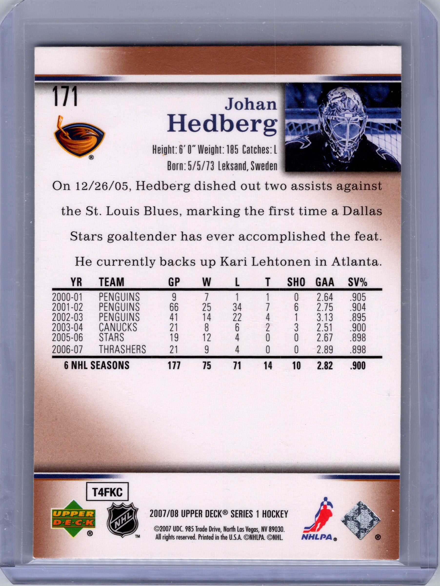 2007-08 Upper Deck #171 Johan Hedberg