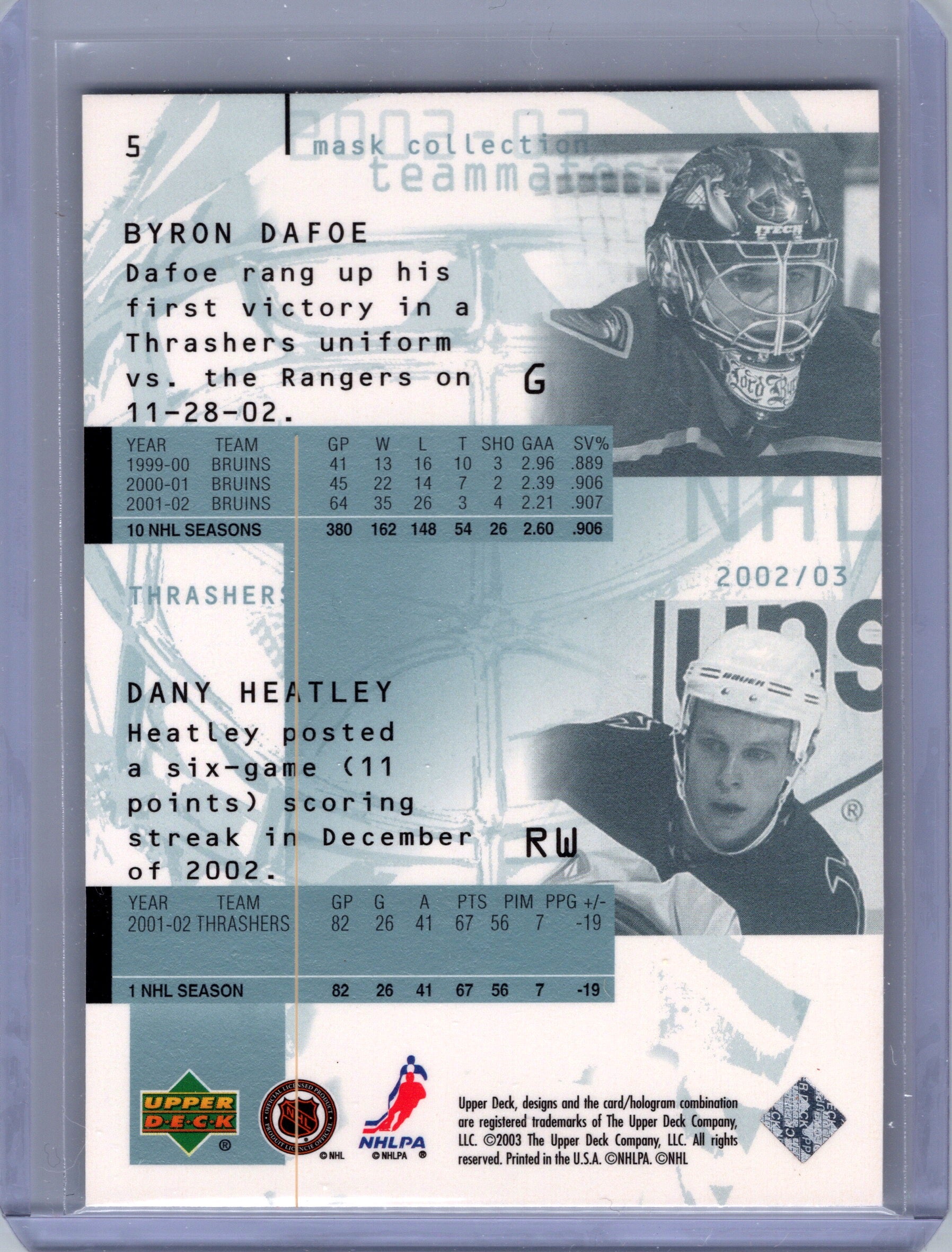 2002-03 Upper Deck Mask Collection #5 Dany Heatley / Byron Dafoe